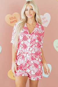 KaleaBoutique Comfortable Heart Print Shirt Style Silky Short Pajama Set - KaleaBoutique.com