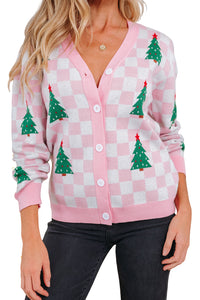 KaleaBoutique Comfortable Checkered Christmas Tree Pattern Button V Neck Cardigan Sweater - KaleaBoutique.com