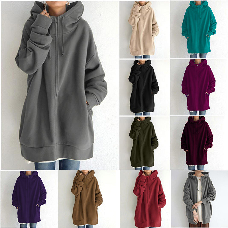 Women's Longline Full-Zip Drawstring Hoodie with Pockets - KaleaBoutique.com