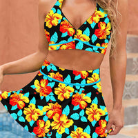 Women's Tropical Floral Halter Top and High-Waisted Skirt 2 PC Bikini Set - KaleaBoutique.com