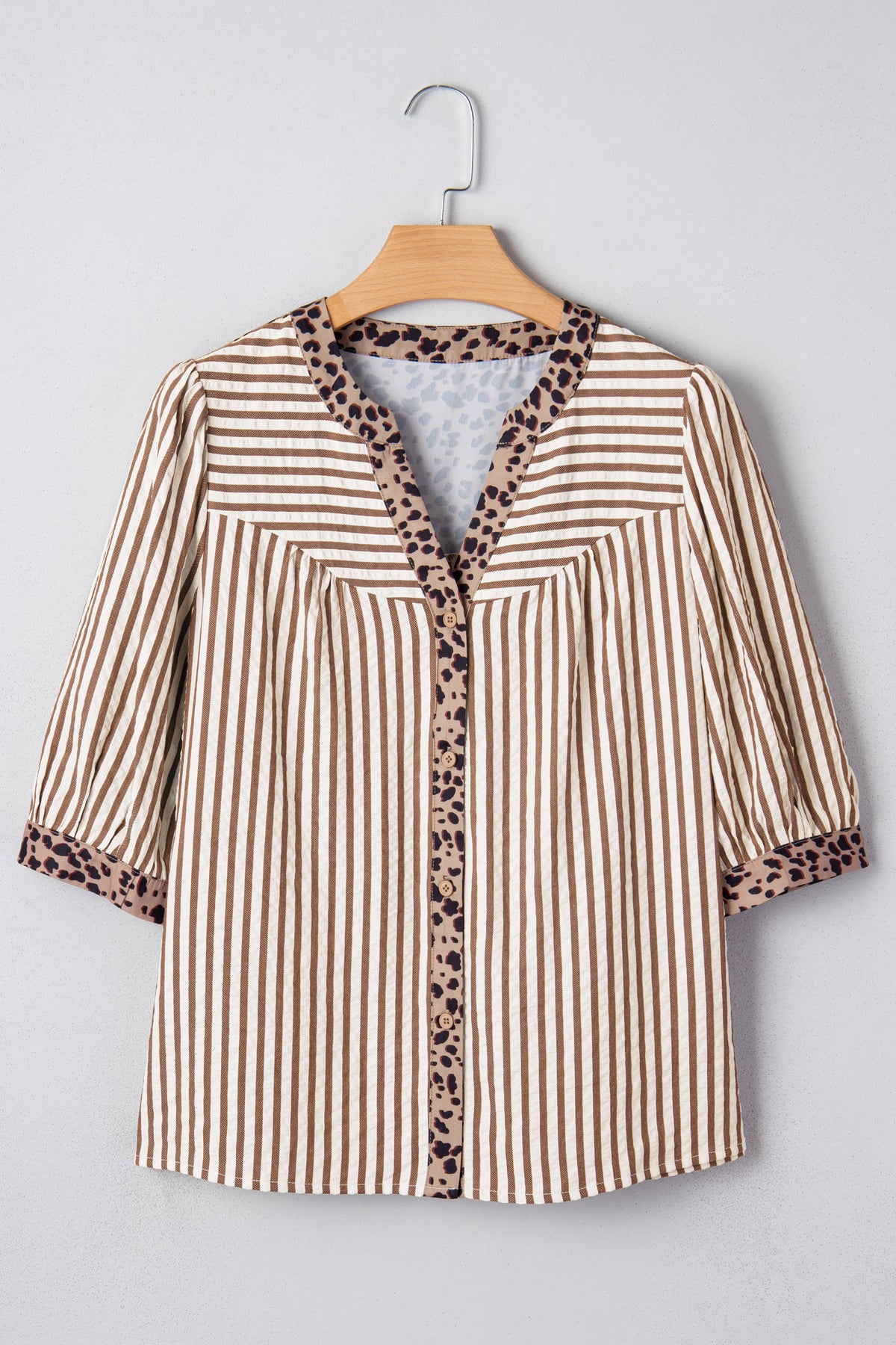 KaleaBoutique Comfortable Leopard Trim V Neck Button Down Half Sleeve Shirt - KaleaBoutique.com