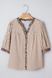 KaleaBoutique Comfortable Leopard Trim V Neck Button Down Half Sleeve Shirt - KaleaBoutique.com