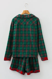 KaleaBoutique Comfortable Plaid Contrast Patched Christmas Holiday Long Sleeve Shirt and Short 2pcs Pajama Set - KaleaBoutique.com