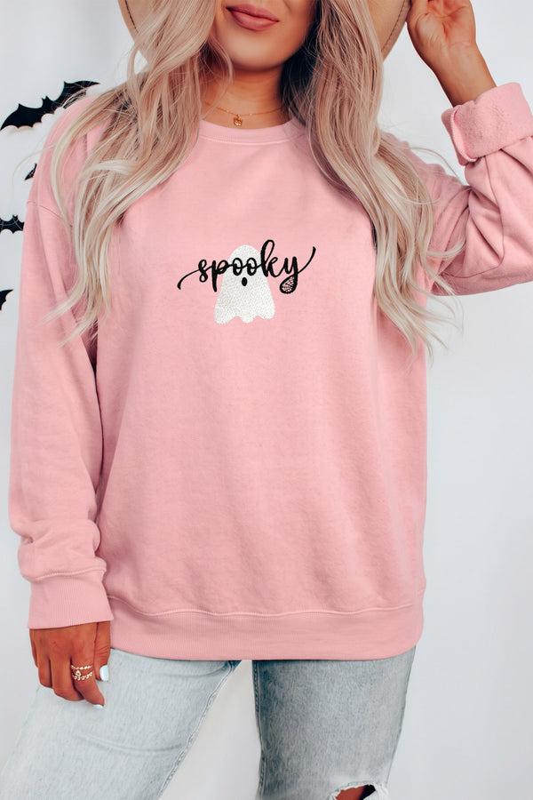 Pink Embroidered Ghost Halloween Sweatshirt - KaleaBoutique.com