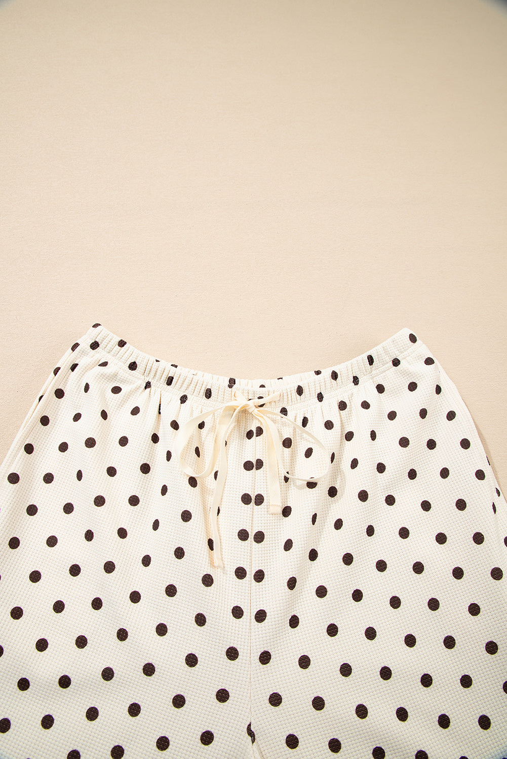 KaleaBoutique Comfortable Polka Dot Print Notched Neck Long Sleeve Top Drawstring Jogger Pants Waffle Knit Lounge Set - KaleaBoutique.com