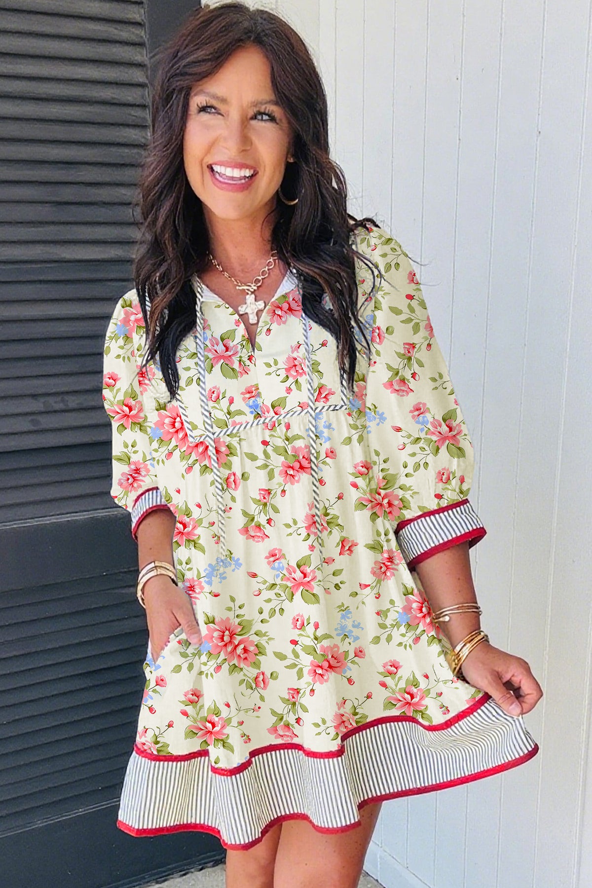KaleaBoutique Stylish Striped Edge 3/4 Puff Sleeve Floral Dress - KaleaBoutique.com