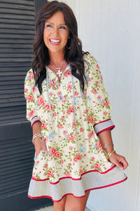 KaleaBoutique Stylish Striped Edge 3/4 Puff Sleeve Floral Dress - KaleaBoutique.com