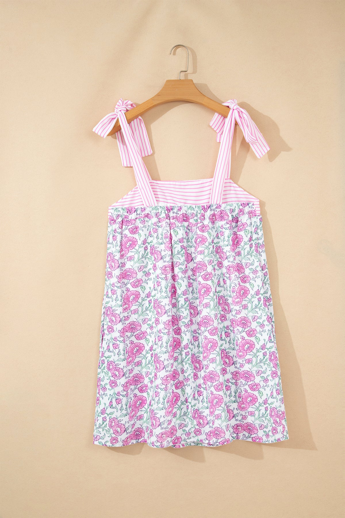 KaleaBoutique Stylish Floral Print Striped Patchwork Bow Knot Straps Mini Dress - KaleaBoutique.com