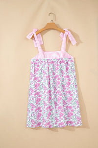 KaleaBoutique Stylish Floral Print Striped Patchwork Bow Knot Straps Mini Dress - KaleaBoutique.com