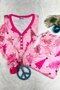 KaleaBoutique Stylish Christmas Tree Print V Neck Buttoned Pullover and Drawstring Pants Lounge Set - KaleaBoutique.com