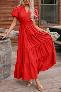 KaleaBoutique Stylish Solid Color V Neck Short Puff Sleeve High Waist Tiered Maxi Dress - KaleaBoutique.com