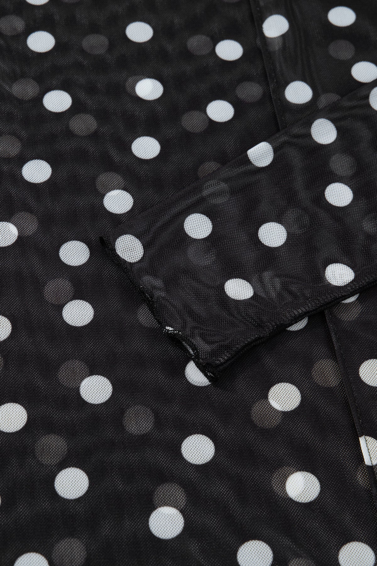 Polka Dot Patterned Bodycon Mock Neck Mesh Long Sleeve Top - KaleaBoutique.com