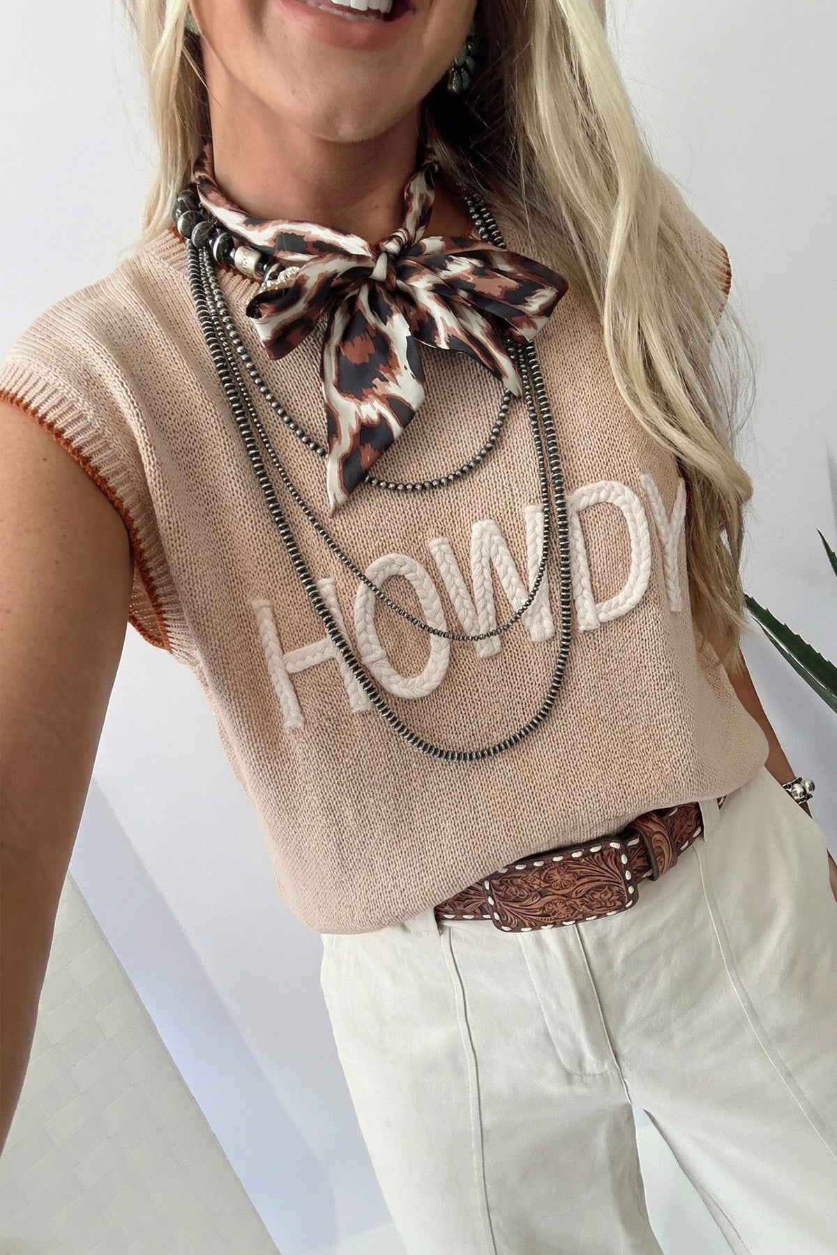KaleaBoutique Stylish Contrast Trim Short Sleeve Knit HOWDY Western Sweater - KaleaBoutique.com