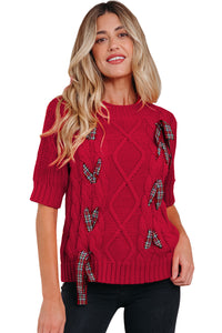 KaleaBoutique Comfortable Plaid Lace up Detail Christmas Holiday Puff Short Sleeve Sweater - KaleaBoutique.com