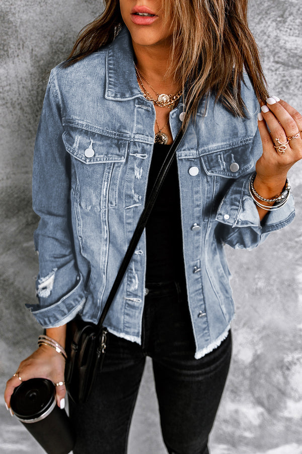 KaleaBoutieque Chic Lapel Distressed Raw Hem Buttons Denim Jacket - KaleaBoutique.com
