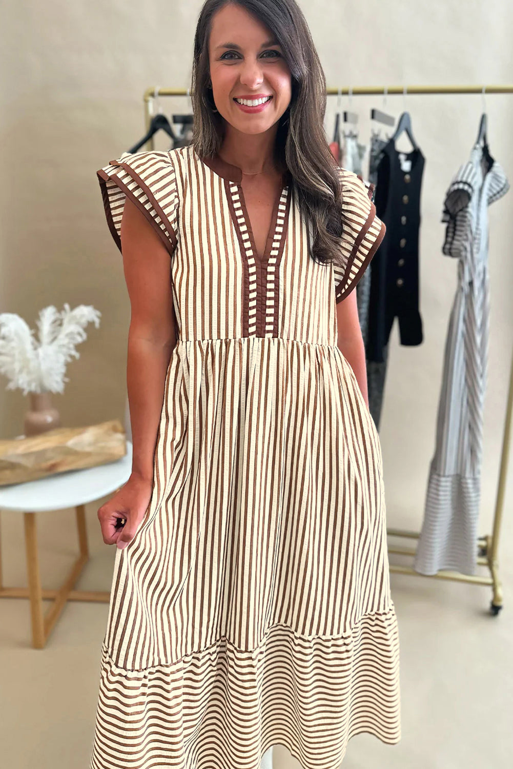 KaleaBoutique Double Ruffled Short Sleeve Contrast Trim V Neck Midi Dress - KaleaBoutique.com