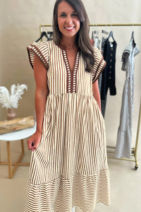 KaleaBoutique Double Ruffled Short Sleeve Contrast Trim V Neck Midi Dress - KaleaBoutique.com