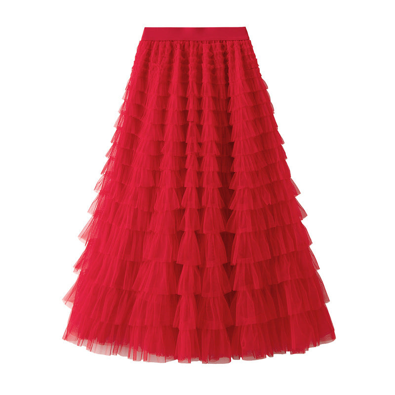 A-Line Mesh Ruffle Skirt Women's Temperament Sweet Long Skirt Slim Cupcake Dress Womens Clothing - KaleaBoutique.com