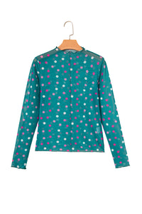 KaleaBoutique Stylish Polka Dot Patterned Bodycon Mock Neck Mesh Long Sleeve Top - KaleaBoutique.com