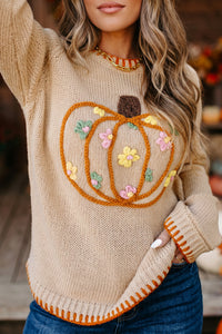 Floral Embroidery Pumpkin Long Sleeve Round Neck Sweater - KaleaBoutique.com