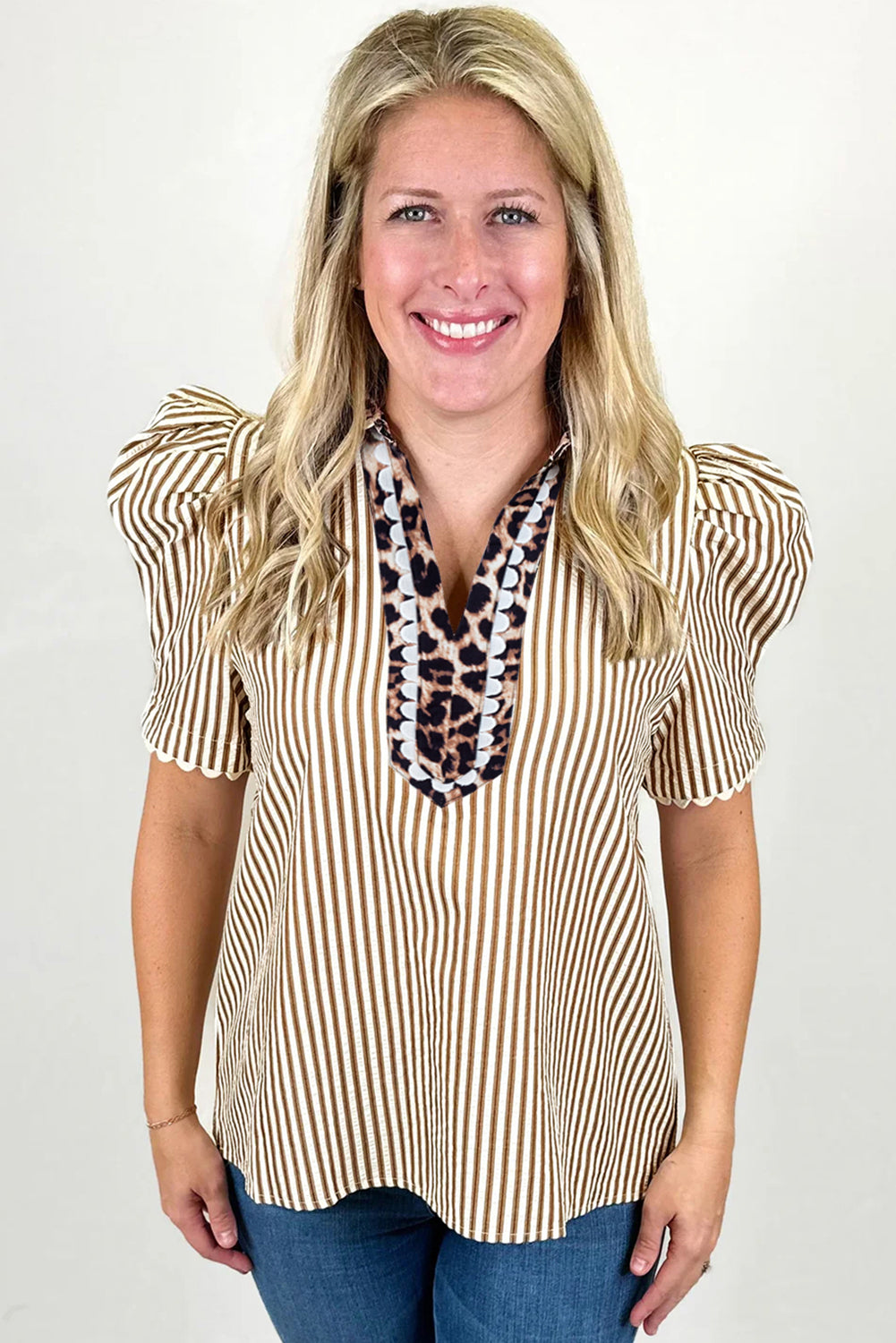 KaleaBoutique Stylish Ricrac Trim Short Puff Sleeve Leopard Patchwork Collar V Neck Blouse - KaleaBoutique.com