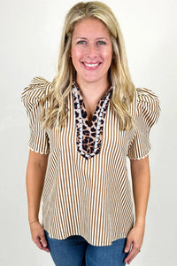 KaleaBoutique Stylish Ricrac Trim Short Puff Sleeve Leopard Patchwork Collar V Neck Blouse - KaleaBoutique.com