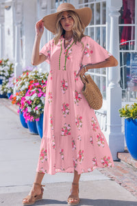 KaleaBoutique Comfortable Notched Neck Flutter Short Sleeve Floral Print Maxi Dress - KaleaBoutique.com