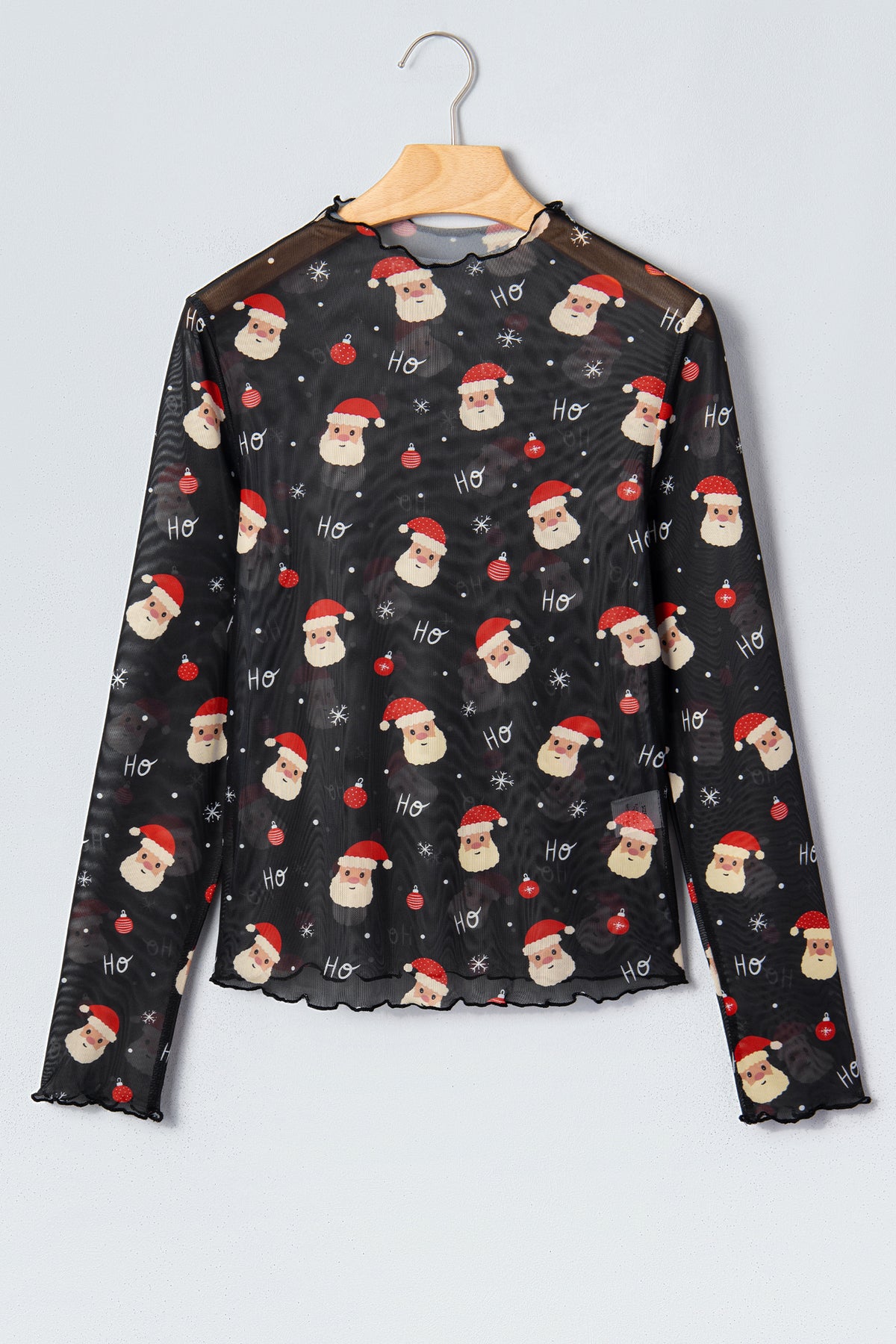 KaleaBoutique Stylish Santa Print Sheer Stand Neck Long Sleeve Top - KaleaBoutique.com
