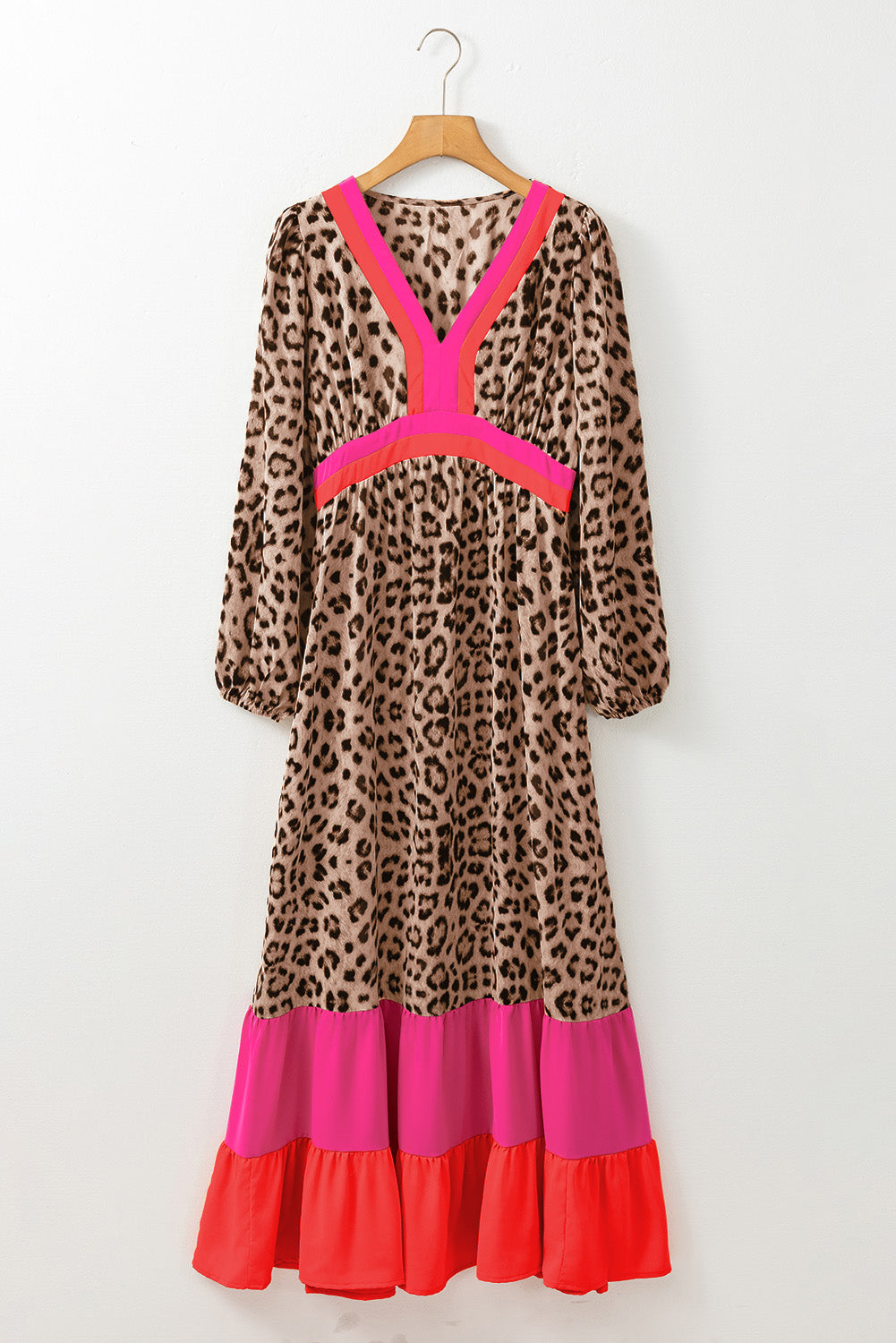 Leopard Color Block V Neck Loose Fit Maxi Dress - KaleaBoutique.com