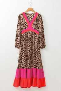 Leopard Color Block V Neck Loose Fit Maxi Dress - KaleaBoutique.com