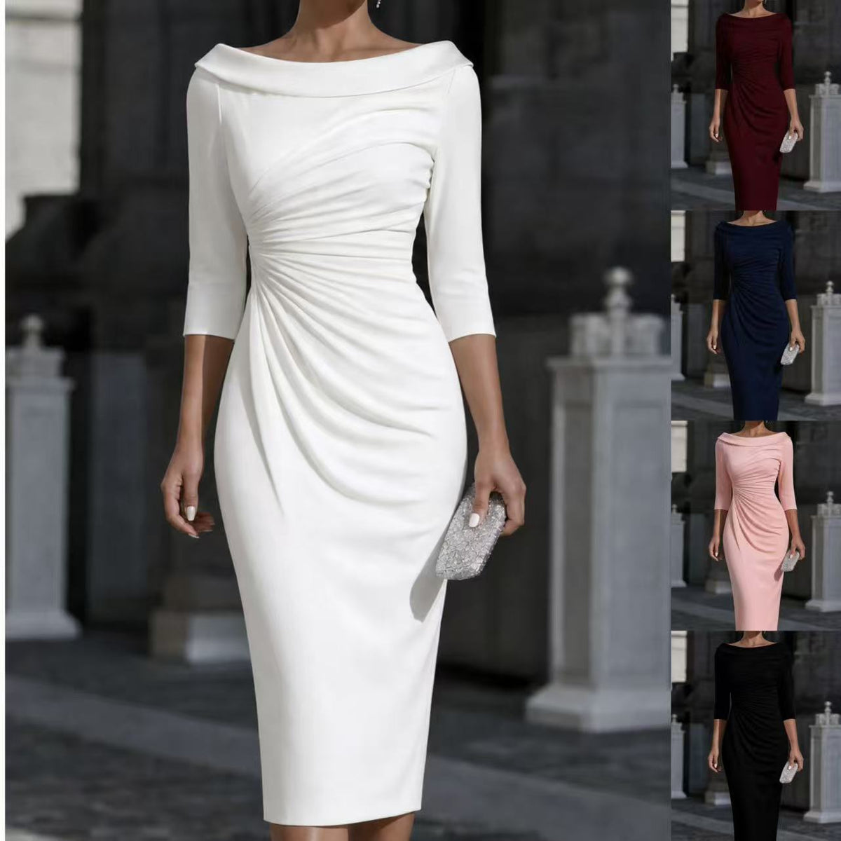 One-shoulder Slim-fit Sheath Dress With Three-quarter-length Pleated Sleeves - KaleaBoutique.com
