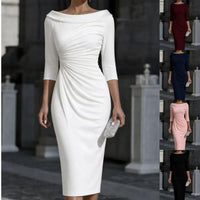 One-shoulder Slim-fit Sheath Dress With Three-quarter-length Pleated Sleeves - KaleaBoutique.com