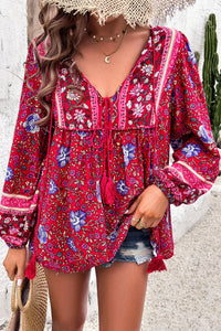 KaleaBoutique Chic Bohemian Floral Print Tassel Tie Front Long Sleeve Blouse - KaleaBoutique.com