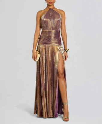 Women's Metallic-Look Pleated Halter-Neck Slit Maxi Dress - KaleaBoutique.com