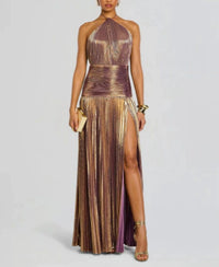 Women's Metallic-Look Pleated Halter-Neck Slit Maxi Dress - KaleaBoutique.com