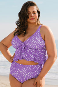Plus Size Polka Dot Print Ruffled Knotted V Neck Tankini Set - KaleaBoutique.com