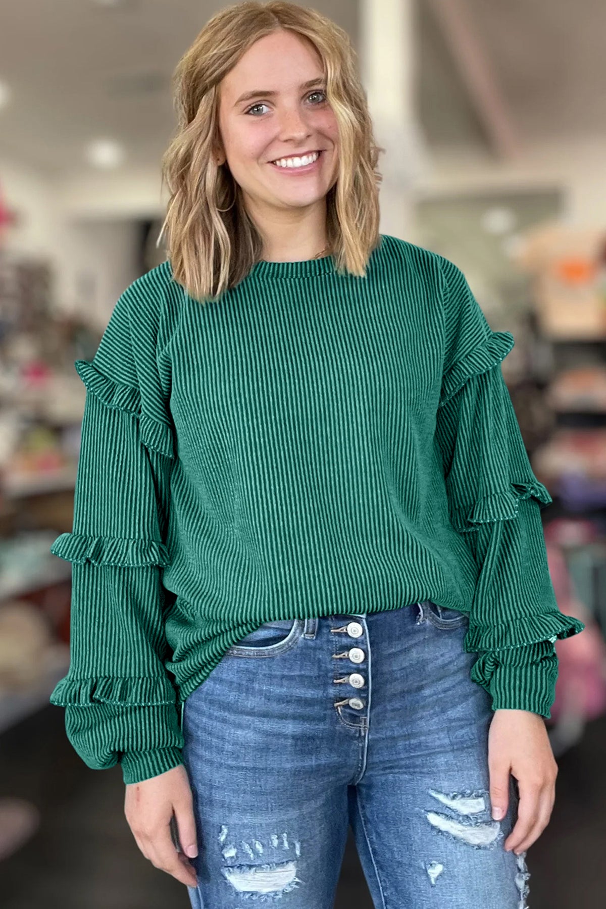 Twisted Ribbed Tiered Ruffles Long Sleeve Pullover Top - KaleaBoutique.com