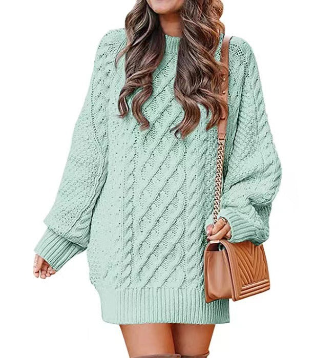 Women's Round-Neck Cable-Pattern Balloon-Sleeve Sweater Dress - KaleaBoutique.com