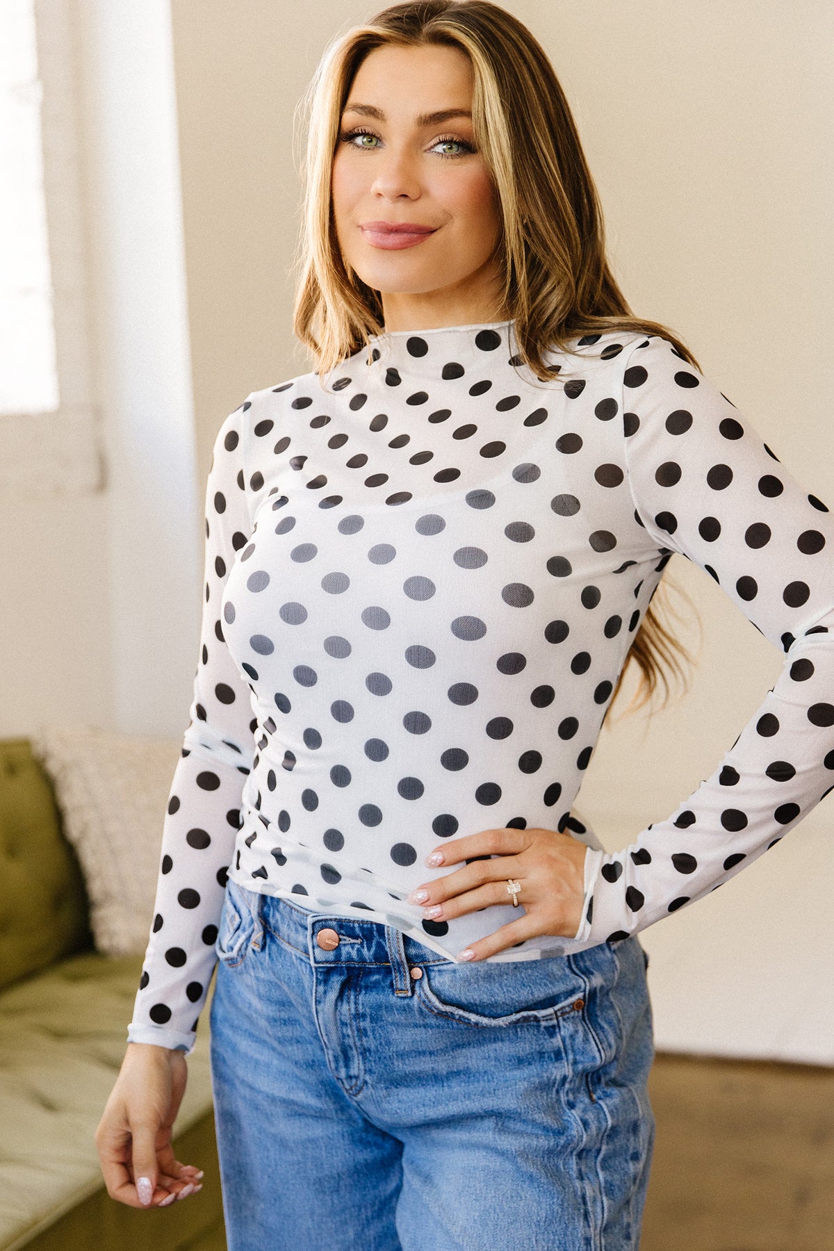 KaleaBoutique Stylish Polka Dot Mesh Long Sleeve Stand Neck Sheath Top - KaleaBoutique.com