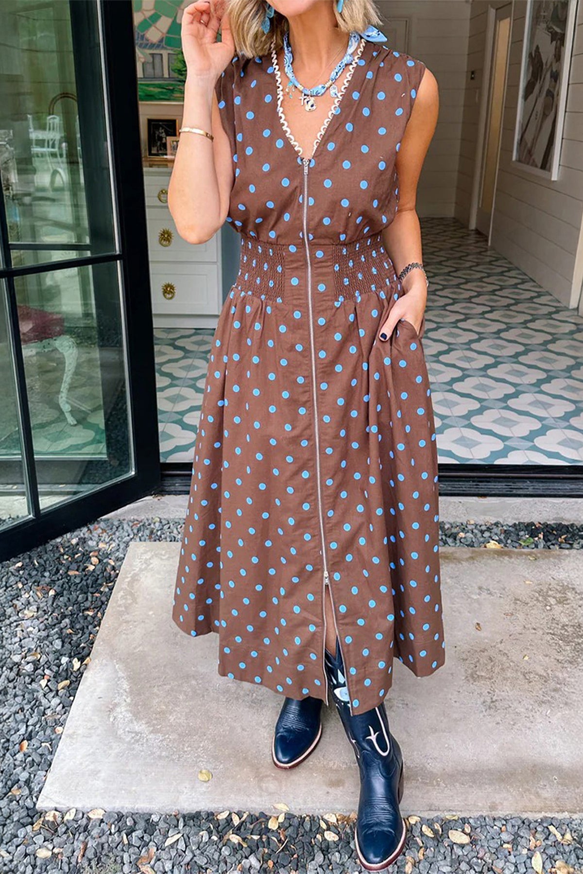 KaleaBoutique Stylish Polka Dot Print Contrast Trim V Neck Zip Up Sleeveless Dress - KaleaBoutique.com