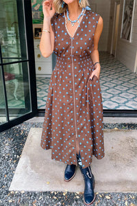 KaleaBoutique Stylish Polka Dot Print Contrast Trim V Neck Zip Up Sleeveless Dress - KaleaBoutique.com