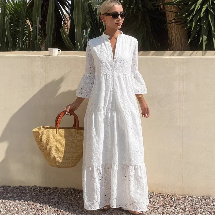 Women's Split-Neck Eyelet Flared-Sleeve Tiered Maxi Dress - KaleaBoutique.com