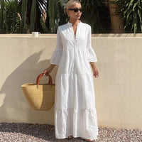 Women's Split-Neck Eyelet Flared-Sleeve Tiered Maxi Dress - KaleaBoutique.com