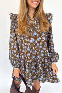 KaleaBoutique Comfortable Floral Print Ruffled Detail Shirt Collar Button Down Long Sleeve Dress - KaleaBoutique.com