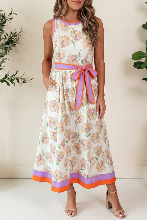 KaleaBoutique StylishFloral Print Color Block Trim Belted Sleeveless Maxi Dress - KaleaBoutique.com