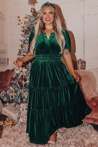 Blackish Green Plus Size Velvet Tiered Maxi Dress - KaleaBoutique.com