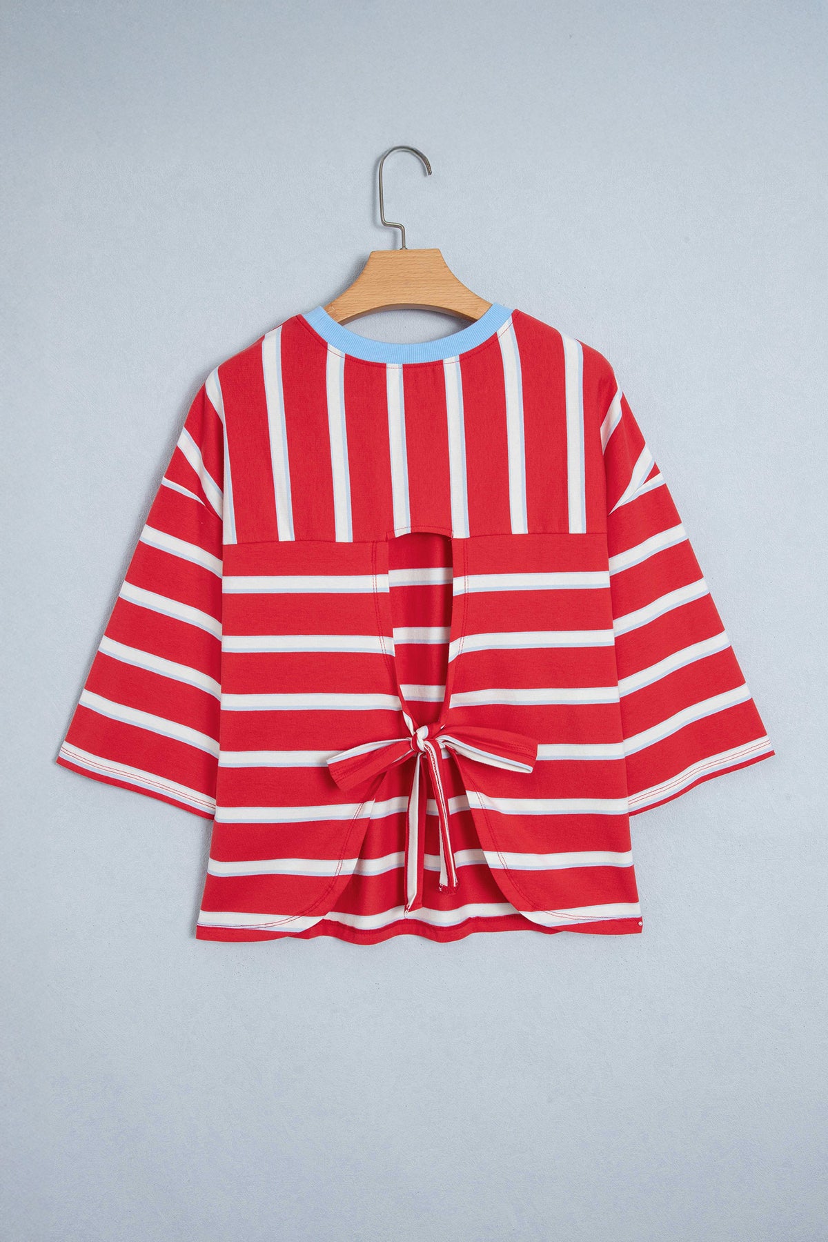 KaleaBoutique Stylish Striped Bow Tie Hollowed Back 7/8 Sleeve Casual T-Shirt - KaleaBoutique.com