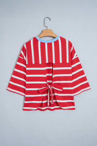 KaleaBoutique Stylish Striped Bow Tie Hollowed Back 7/8 Sleeve Casual T-Shirt - KaleaBoutique.com