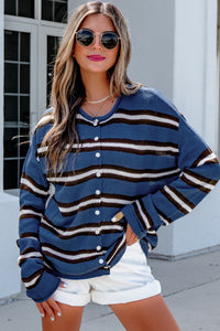 KaleaBoutique Comfortable Striped Drop Shoulder Button Cardigan - KaleaBoutique.com
