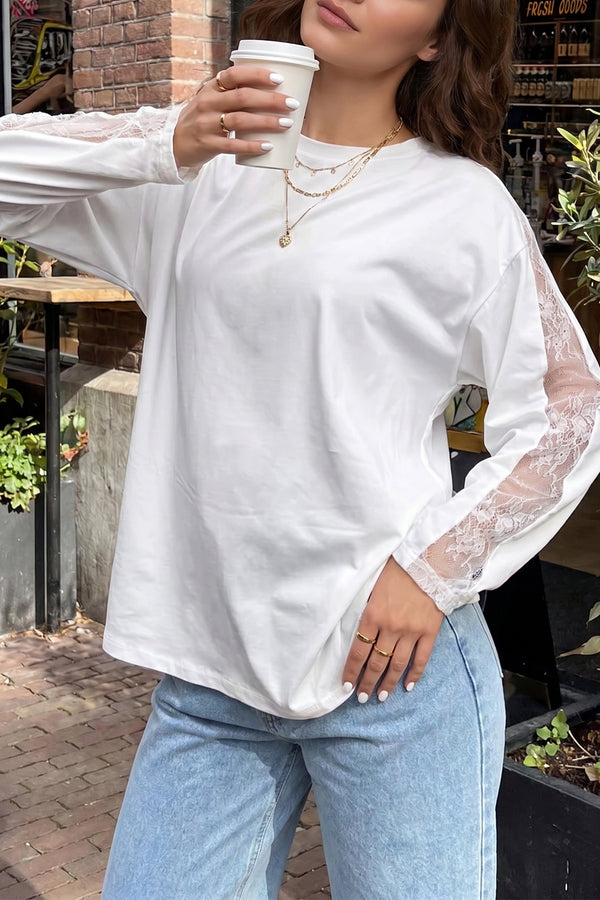 KaleaBoutique Stylish Lace Patchwork Round Neck Long Sleeve Top - KaleaBoutique.com